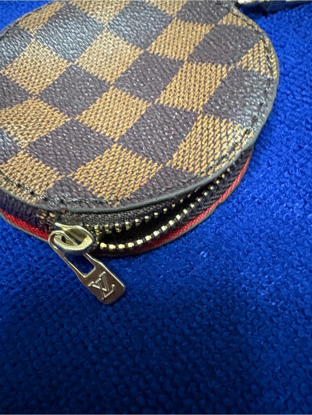 Designer-Inspired Brown Checkered Round Coin Pouch with Red Trim